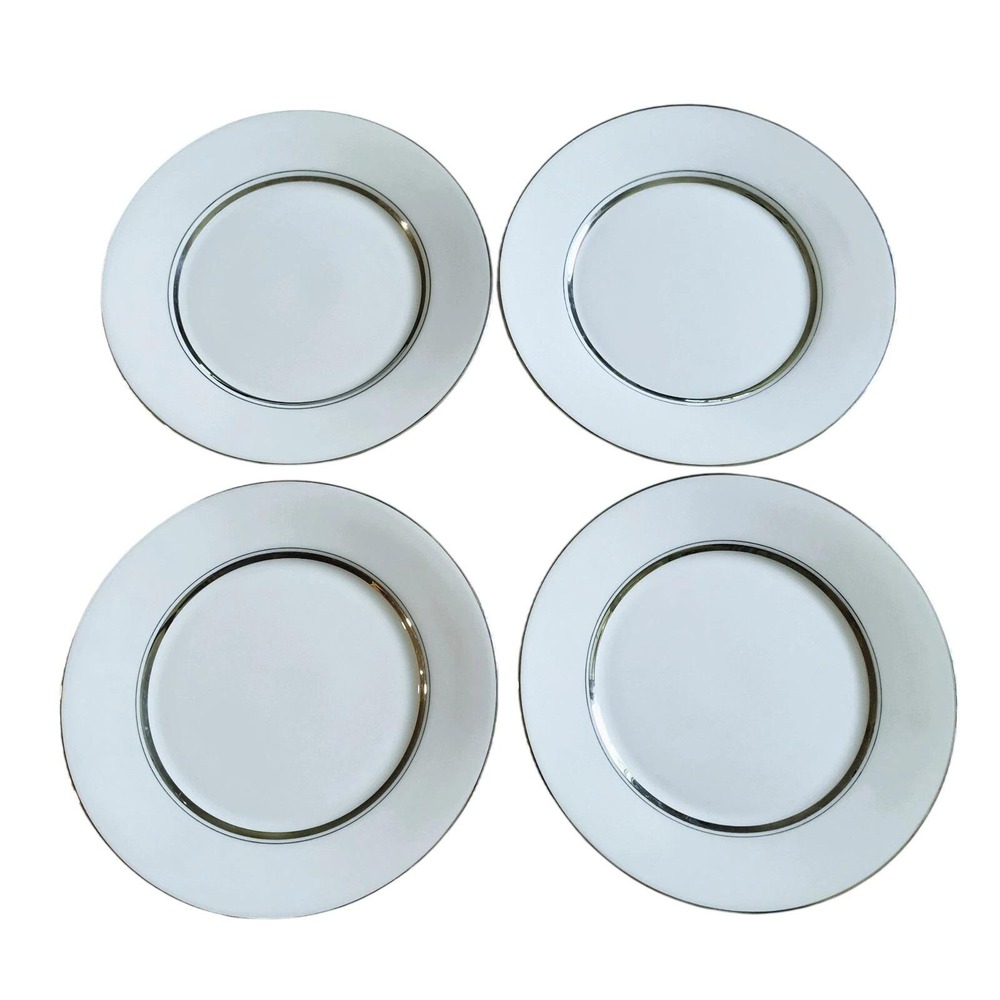S/4 Oxford Lexington LENOX Bone China Salad Dessert Plates White Platinum Trim